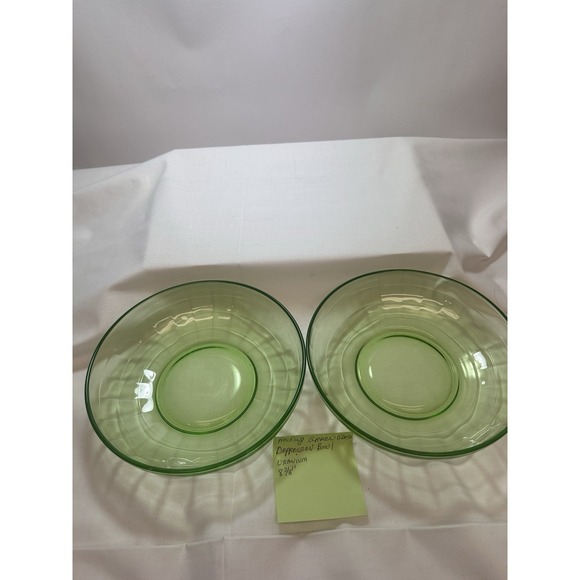 2 Anchor Hocking Block Optic Green Depression Glass Serving Bowls 8‎ 3/8"Uranium - Picture 2 of 9